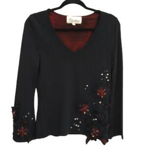 Women's Black Knit Top Women's Large Embellished V-Neck Long Sleeves Cartise